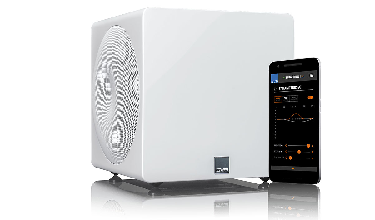 SVS 3000 Micro Subwoofer in white with phone
