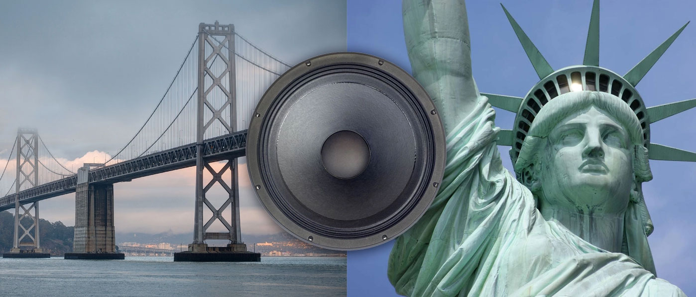 George Washington Bridge and Statue of Liberty with speaker in the middle