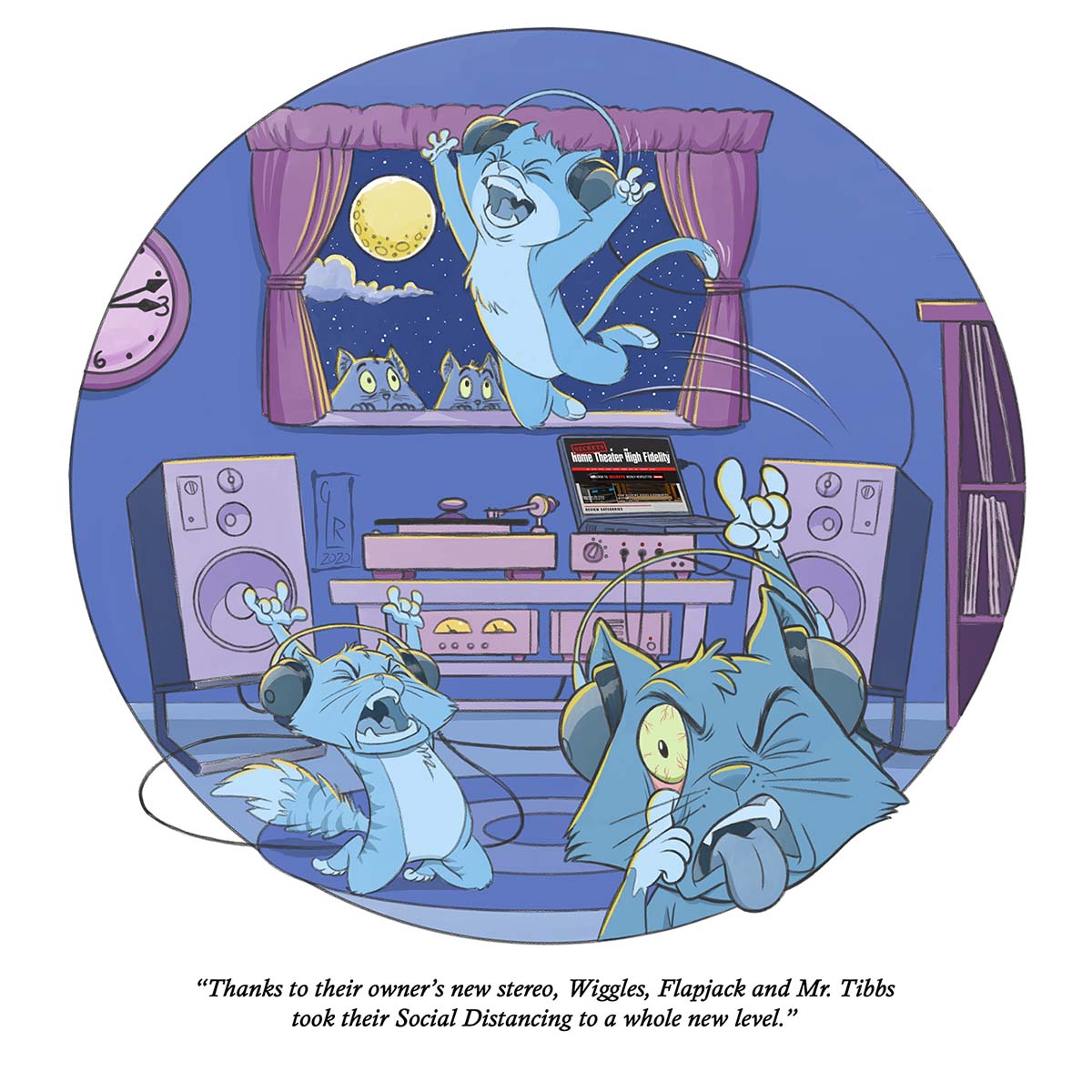 Comic illustration of 3 cats listening to music